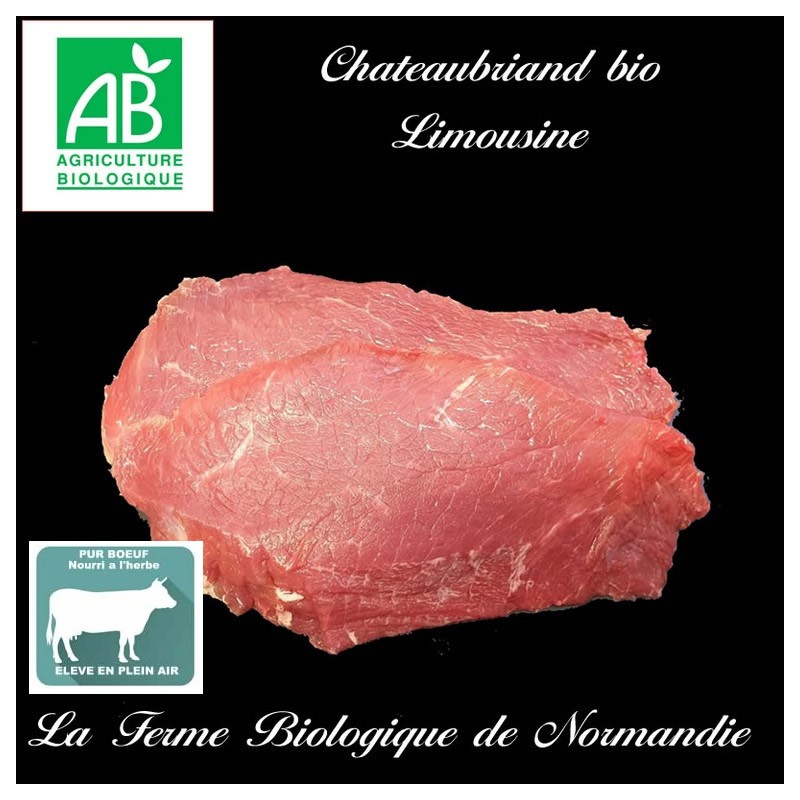 Délicieux chateaubriand de boeuf d'herbe bio poids 400g (2 pièces) en direct du producteur, la ferme biologique de Normandie.