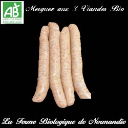 Merguez aux trois viandes bio (boeuf , veau, agneau) en direct du producteur la ferme biologique de Normandie.