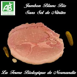 Véritable jambon blanc bio 1 kg, sans sels de nitrites, avec couenne en direct du producteur, la ferme biologique de Normandie.