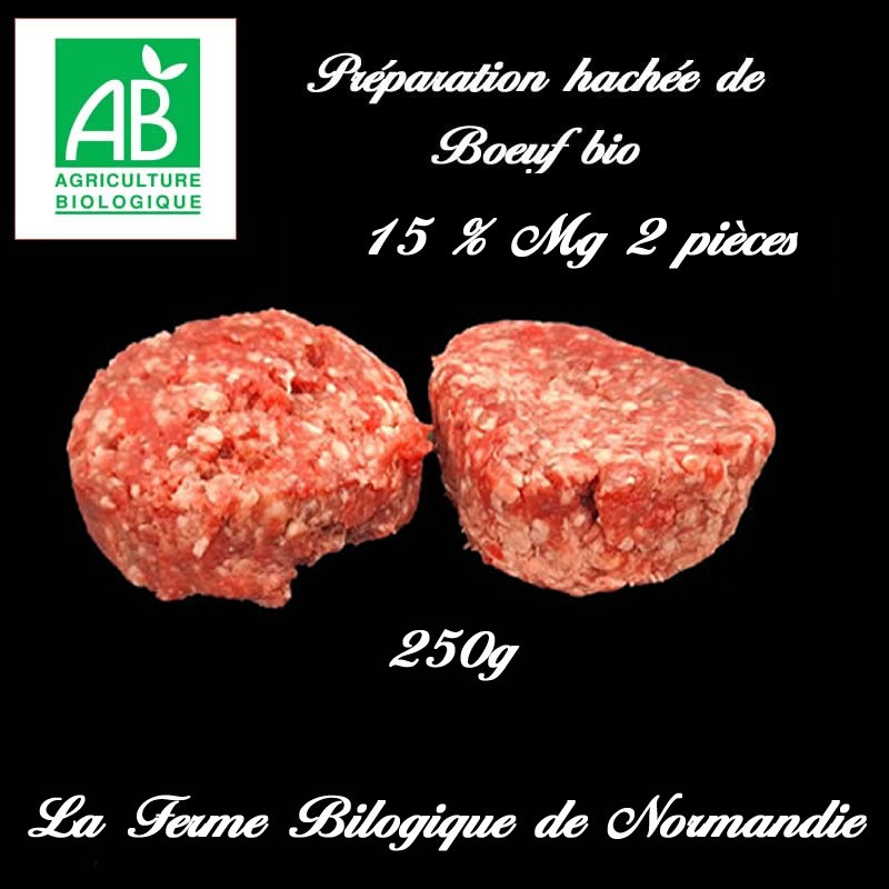 Succulente préparation hachée de boeuf bio, 15 % de M.G. en direct du producteur, la ferme biologique de Normandie.