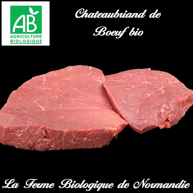 Délicieux chateaubriand de boeuf d'herbe bio poids 400g (2 pièces) en direct du producteur, la ferme biologique de Normandie.