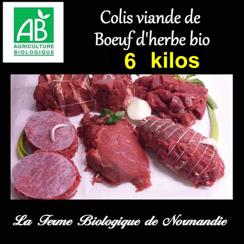 Colis viande de boeuf d'herbe BIO  6 kgs de la ferme biologique de Normandie, viande a griller, a rôtir, a mijoter.