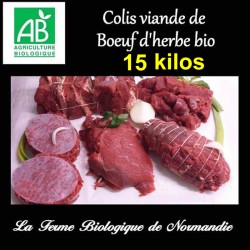 Colis de viande de boeuf d'herbe bio 15 kilos, comprenant viandes a griller, à rôtir, à mijoter, direct producteur.