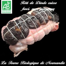 Rôti de dinde , cuisse, farci, avec pruneaux bio 750g en direct de notre ferme bio.