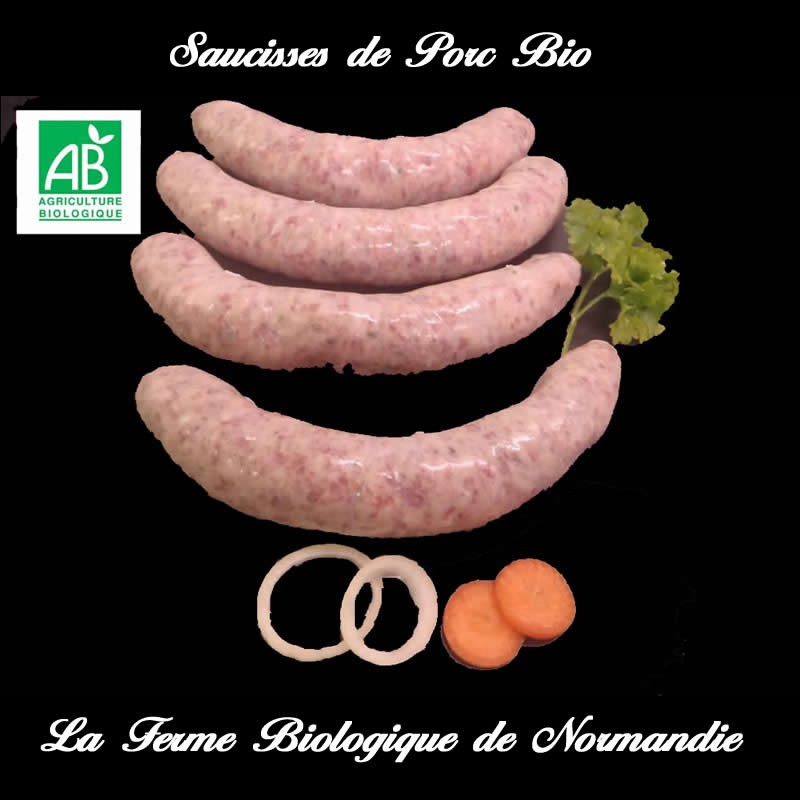 succulentes saucisses de porc bio  poids 1 kilo, en direct du producteur la ferme biologique de Normandie