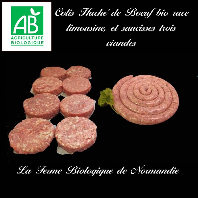 Colis économique préparation hachée de boeuf bio limousine, 1 kilo et saucisses trois viandes bio 1 kilo Colis économique préparation hachée de boeuf bio limousine, 1 kilo et saucisses trois viandes bio 1 kilo