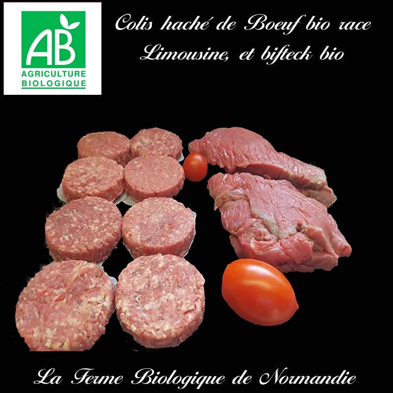 Colis économique 1 kilo préparation hachée de boeuf bio, et bifeck bio race limousine, 1 kilo Colis économique 1 kilo préparation hachée de boeuf bio, et bifeck bio race limousine, 1 kilo